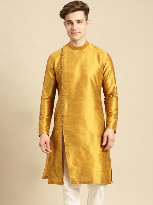 Sanwara Men's Solid Designer Art Silk Rich Gold Color Kurta