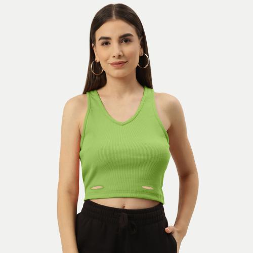 Rad Prix Women Neon Green Rib Knit Crop Tank Top