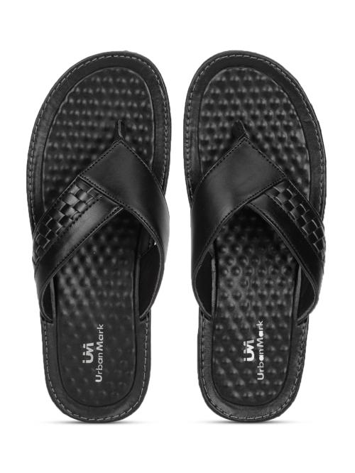 UrbanMark Men Comfortable Outdoor Faux Leather Thong Flip Flop- Black