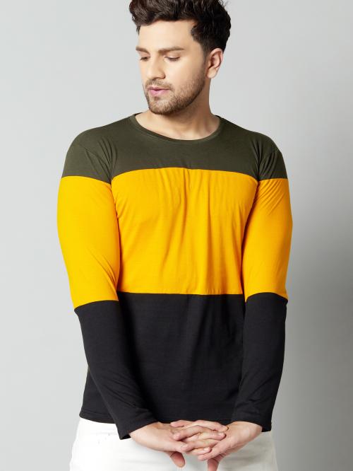 Ausk Men's Dark Green,Black & Mustard Colorblocked Round Neck Cotton Blend Full Sleeve T-Shirt