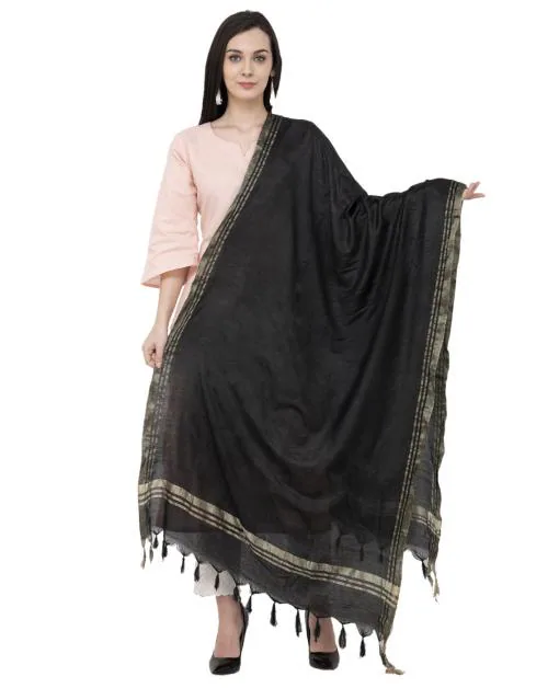 A R Silk Golden Border Regular Dupatta Color Black Dupatta/Chunni