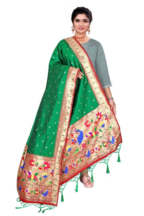 VIBRANCE Paithani banarasi silk dupatta for women, width 1.1 meter, length 2.5 meter (GREEN)