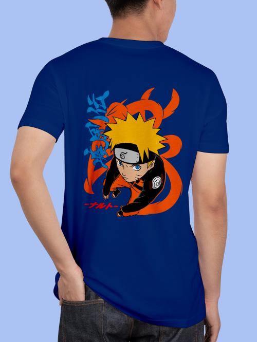 BLISSINK Naruto Anime Front And Back Printed Blue Cotton Tshirt for Men