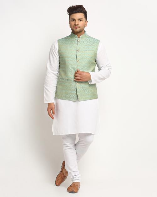 TREEMODA Men's Turquoise Green Brocade Print Nehru Jacket for Wedding & Party