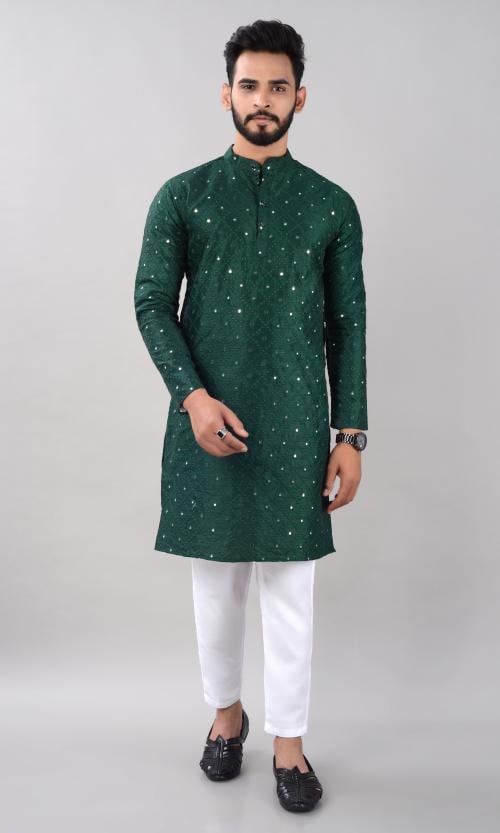 Villain Premium Embellished Work Kurta For Men - Green