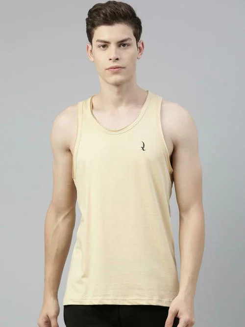 Quarantine Men's Beige Solid Sleeveless Cotton Tank Top