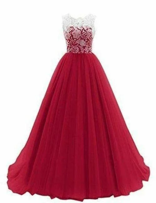 TILISM Women and Girls Red Net Fit and Flare Maxi Gown - L