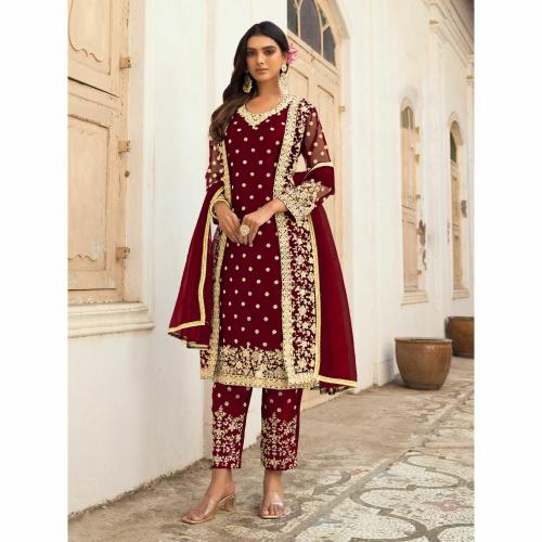 KREATAGHNA COLLECTION Women's Net Codding Dori And Thread Embrodiery KOTI STYLE SUIT Dress Material (Maroon)