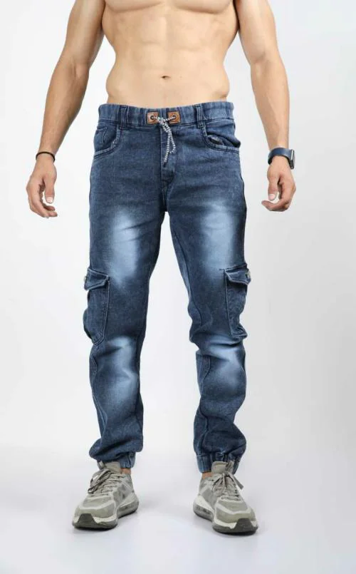 BuaGi Collection Denim Side Pocket Jogger Jeans for Men (Blue)