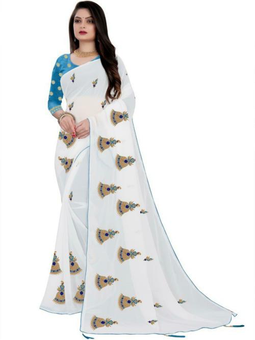 fab99 Women White Printed Georgette Saree