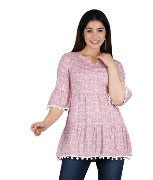 Clickedia Womens Fully Stitched Rayon Ethnic Motifs Kurti with Pom Poms and Peplum Tunic cut kurta/Kurti