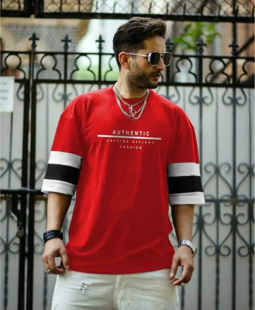 Fionaa Trendz oversized tshirt for men Red Printed Cotton Blend Round Neck T-shirt (M)