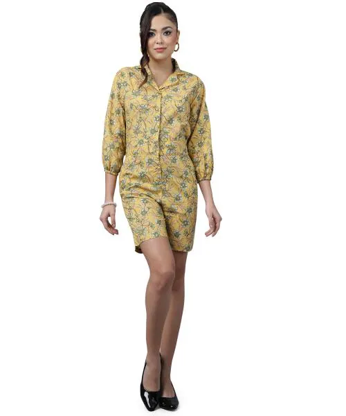 ANUSHIL Feminine Cotton Jumpsuit For Women- Short Length Jumpsuit for Girls, V Neck with Button Style - Floral Print Cotton Dress, 3/4 Sleeves With Back Waist Elastic(Colour-Yellow,Size-M)