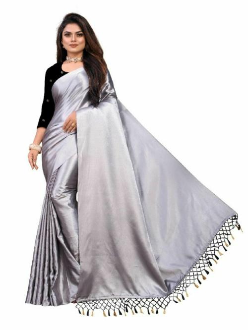 JAYKAR CREATION APSARA GREY HEAVY SATIN SILK SAREE WITH VELVET BLOUSE FOR WOMEN