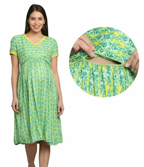 Morph Maternity | Breast Feeding Dress For Mothers | With Hidden Horizontal Zip For Easy Breastfeeding | Fits During Pregnancy & Post Pregnancy | Soft Cotton | One Side Pocket | Green | XXXL