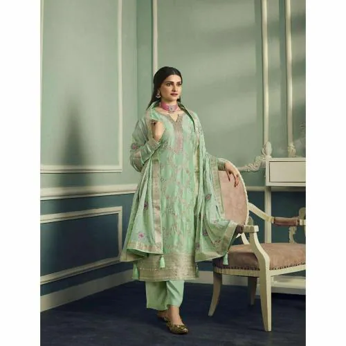 KREATAGHNA COLLECTION Women's Silk Santoon Embroidery Threadn Weaving With Thread Work And Diaomnd Work Semi-Stitched Finish Straight Suit Pista Green