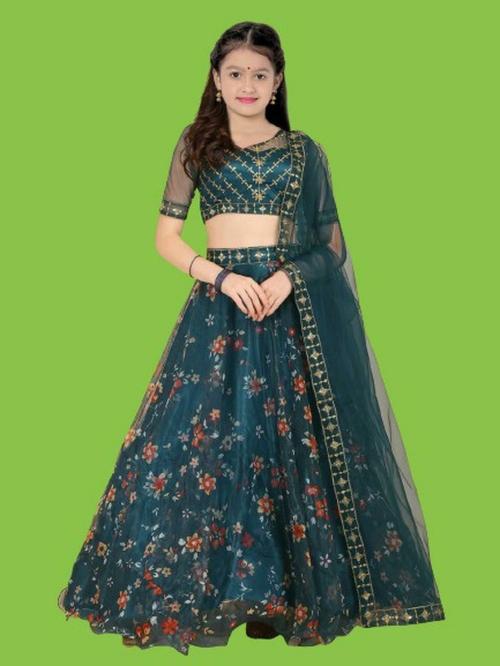 FULPARI Girls Lehenga Choli Ethnic Wear Printed Blue Lehenga Choli