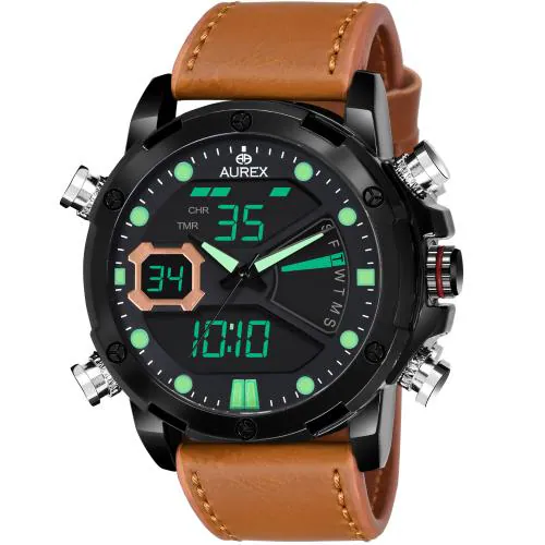 Aurex Analogue Digital Multi Function Black Dial Tan Strap Watch For Men - (Ax-Ad8025-Bktn )