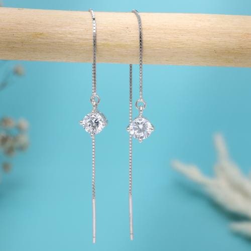 DEESSA 925 Sterling Silver Solitaire Threader Earrings Silver Colour with White colour Cubic Zirconia - Rhodium Plated, Elegant Gift for Women | Birthdays, Anniversaries, Valentine's Day | with Authenticity Certificate