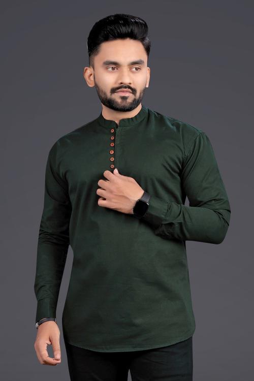 No Filter Men Solid Cotton Blend Straight Kurta Shirt Dark Green S