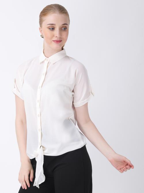 For U Women's Front Open Shirt Top Double Georgette Solid Color Top For Women (Off White) (XL)
