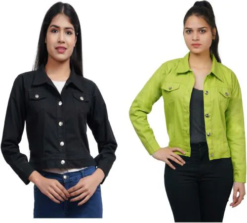 Trendzmy Women Black, Parrot Green Solid Cotton Blend pack of 2 Full Sleeve Denim Jackets (Extra Small)