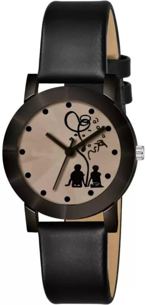 Bolun Analog Beige Dial Black Strap Watch For Women