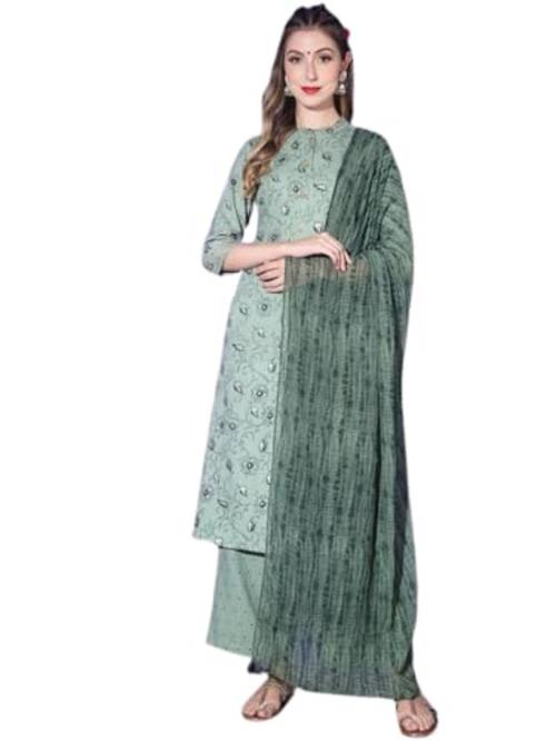 FASAANNJA Women’s Solid Hemp Long Printed Kurti with Pajama and Dupatta Set for Women and Girls ( Green ) - XL