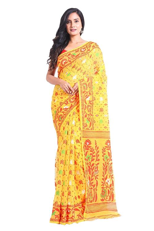 Sweta Women Yellow Cotton Blend Prajapati Jamdani Saree