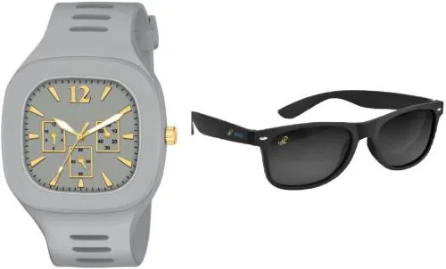 Piraso Analog Grey Dial Grey Strap Watch With Sunglasses For Men (Combo Of 2)