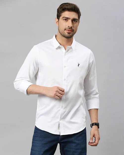 Thomas Scott Men White Cotton, Lycra Slim Fit Shirt With Full Sleeves (M)