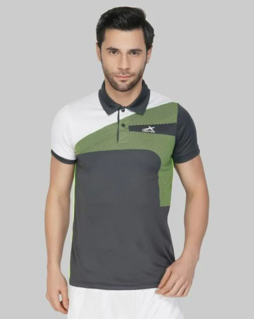VECTOR X Men Grey Striped Polyester Polo Neck T-shirt