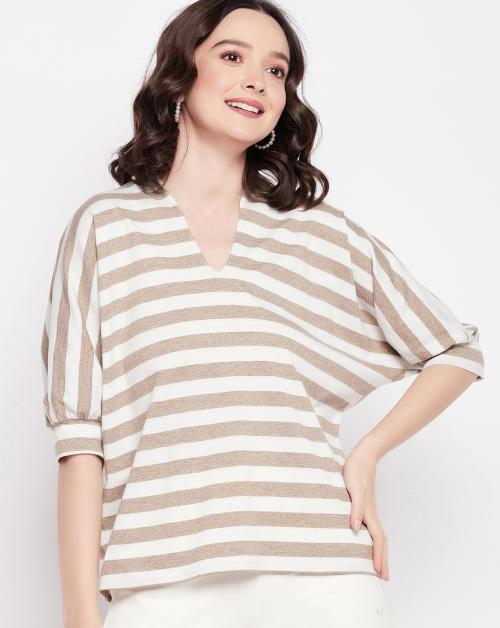 Hang N Hold Women Striped 3/4 Sleeves V neck Top