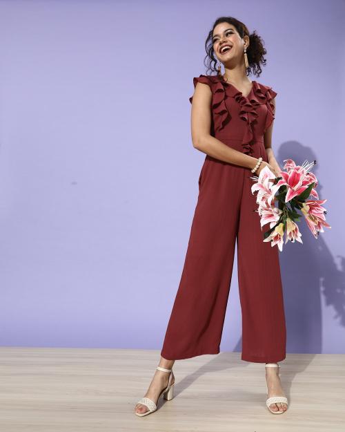 Miss Chase Women Brown Solid Polyester Single Jumpsuit