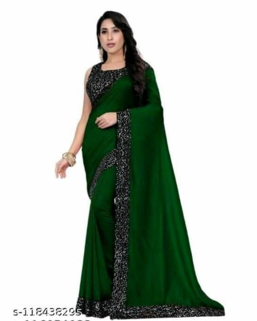 VKARAN Women's Bottle Green Chiffon Sequence Work Saree With Blouse