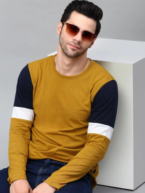 Rigo Men Dirty Yellow Color Block Round Neck Full Sleeve T-Shirt