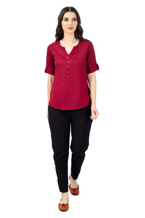 EMEE-Y Women's Rayon Solid Plain Short Kurti/Tops for Daily Wear - Maroon - XL