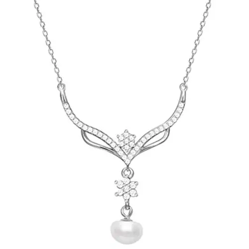Giva Sterling Silver Floral Studded Pearl Necklace With Chain For Women