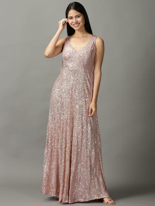 SHOW OFF Women's Rose Gold Embellished Polyester Gown Dress