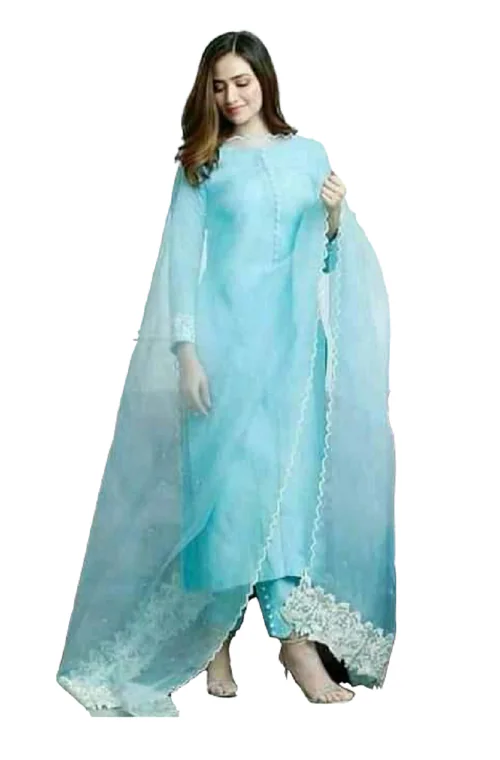 Clickedia Womens Fully Stitched Rayon Solid Straight Kurti with White Lace and Moti work with Pants and Dupatta Jaipuri Salwar Suit-Blue-44
