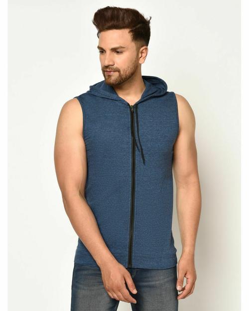 Glito Solid Dark Blue Sleeveless Hoodie T-shirts For Men's