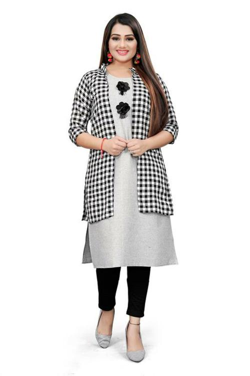 Aanshi FASHION Cotton Printed Kurti With Shrug/Jacket(Silver)