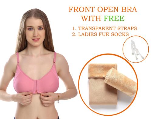 Bmode Women's Front Open Bra with Free Transparent Straps & Fur Socks -Pink