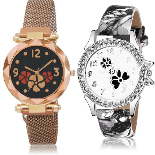 GROOT Modern Italian Designer Flower Magnet Chain And Flower Dimond Rose Gold And Black Colour Analog Metal And Genuine Leather Belt 2 Watch Combo For Women And Girls - G653-G408