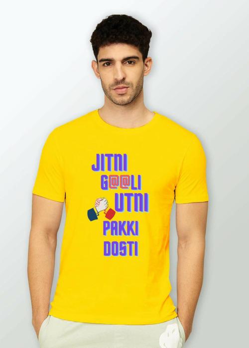 Estaban Men Yellow Jitni Gaali Utni Pakki Dosti Printed Polyester T-Shirt (M)