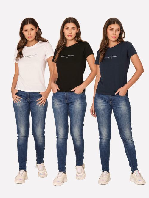 Bonjour Women's Minimalist Typography Round Neck T-Shirt- Pack of 3