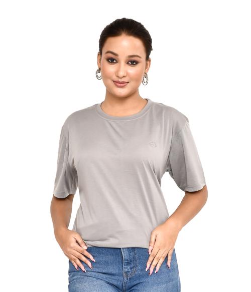 Roy's Women's Casual Regular Fit Solid Round Neck Cotton Blend T-Shirt I Comfortable And Breathable Western Outfit | Summer Friendly Everyday Wear | Color - Steel Grey, Size - L