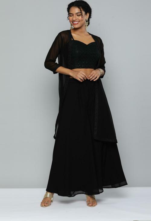 KVS Fab Women Black Embellished Georgette Kurta Skirt Set