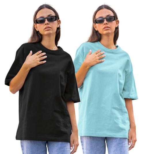 Reifica Women Black, Ocean Blue Cotton Pack Of 2 Oversized T-Shirts (Xl)