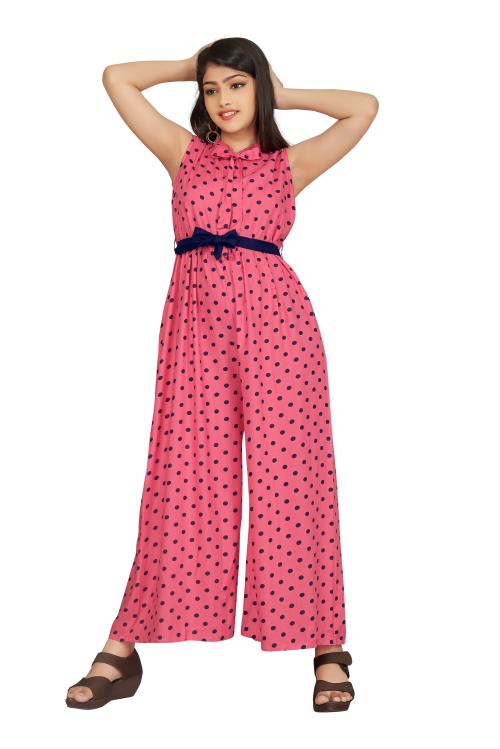 RK Maniyar Girls Rayon Polka Printed Relaxed Fit Jumpsuit: The Latest in Fashion Trend for Girls! (Pink)